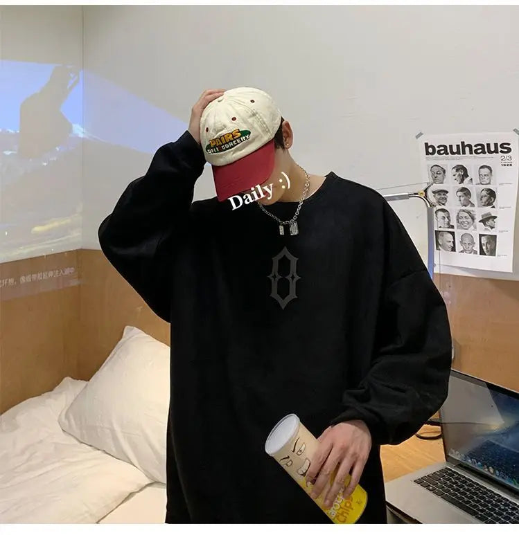 Super Hot Korean Suede Personalized Street Sweatshirt Men's American Loose Y2K Spring and Autumn Pullover Jacket Retro Ins Top