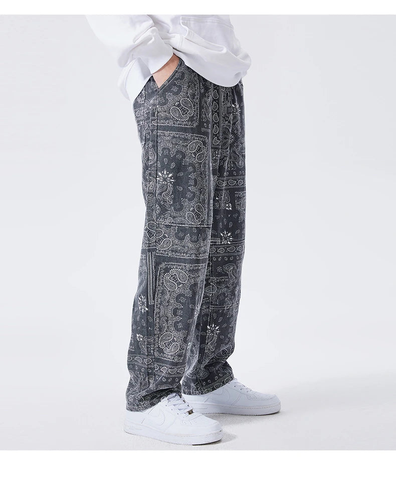mens hip hop straight denim jeans pants fashion zipper paisley jeans streetwear casual loose trousers pants joggers baggy jeans unique joggers style 2804