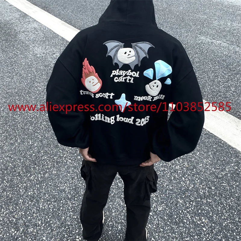 2024 New Autumn Winter Vintage Velvet Hoodie Long Sleeve American Heav