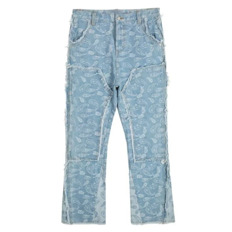 men distressed ripped patchwork paisley denim jean trouser fashion zipper biker jeans streetwear flare pants loose joggers jeans streetwear sweatpants