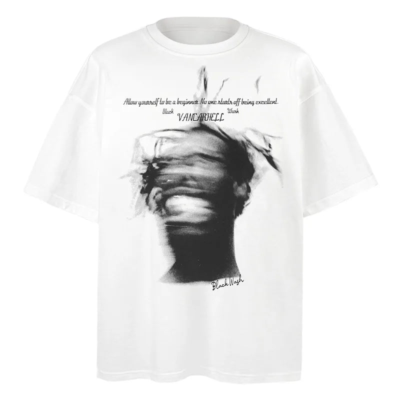 Sadcore Graphic tee – Men Retro High Street T Shirt Abstract Character Printed Sho