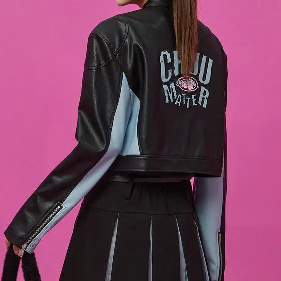style print hip design hop material fit premium high fashion urban graphic quality casual 8c96d7 style streetwear image essential oversized american-casual-letter-pu-leather-coat-womens-2023-new-contrast-versatile-short-zipper-top-jacket-women-harajuku-goth-clothes unisex - everyday wear streetwear design ID a9247