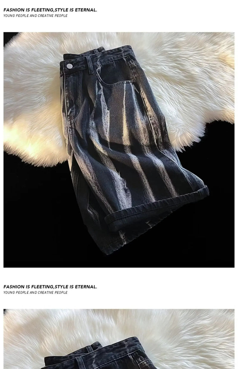 American Retro Tie-dye Denim Shorts Male Streetwear Short Jeans Luxury 2024 Summer Korean Fashion Hip-hop Cargo Straight Shorts