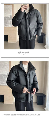Winter Stand Collar Thicken Leather Short Jacket Men Fashion Loose Casual Warm Cotton-padded PU Leather Bomber Jacket Parka Coat