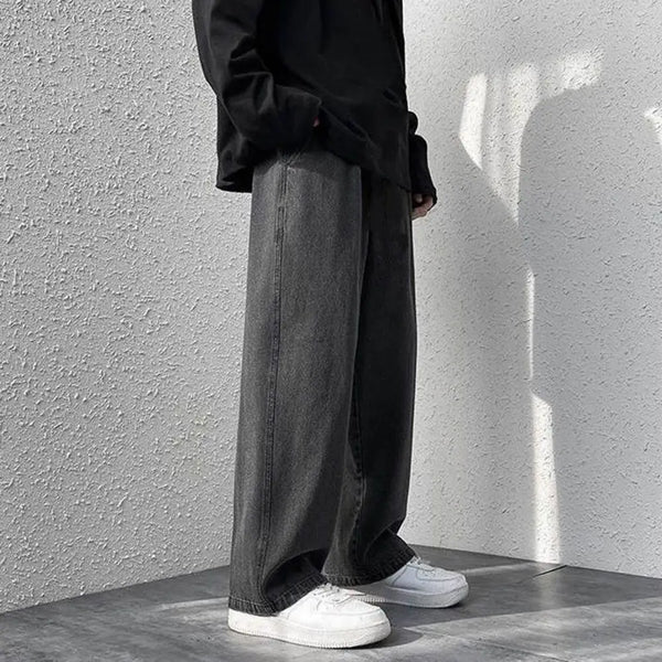 korean mens casual long jeans loose retro straight baggy pants denim wide leg pants light blue grey black retro washed jeans denim street jeans