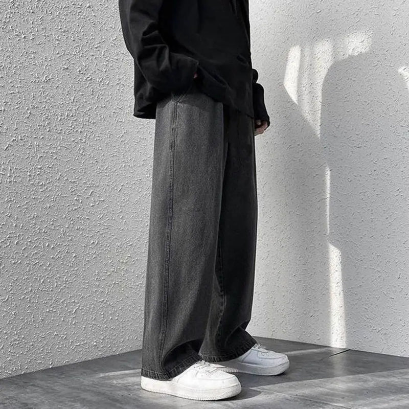 korean mens casual long jeans loose retro straight baggy pants denim wide leg pants light blue grey black retro washed jeans denim street jeans