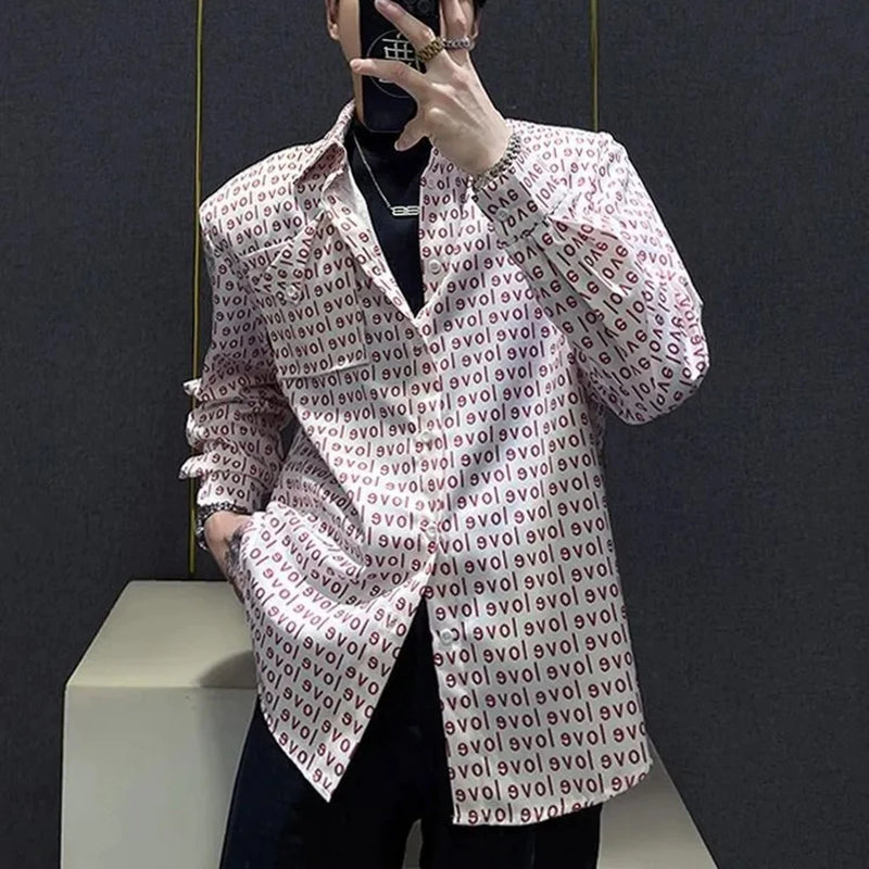 Mens Shirt Love Print Casual Shirt Autumn American Retro Light Streetwear Versatile Campus Long-Sleeve Top Men'S Clothing 2024