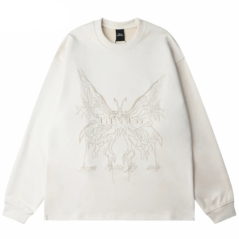 Men Suede Sweatshirt Streetwear Butterfly Monster Embroidery Harajuku
