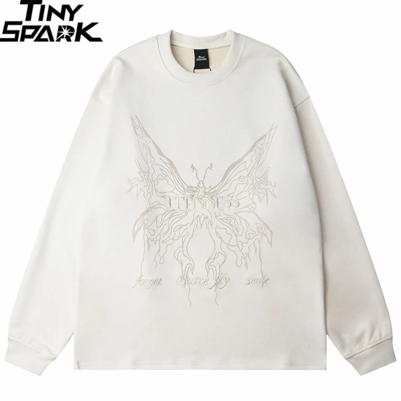 Men Suede Sweatshirt Streetwear Butterfly Monster Embroidery Harajuku