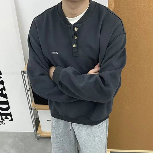 Trendy Korean Retro Ins Simple Boyish Henry Collar Sweatshirt Men and Women Street