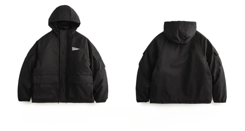 Outdoor Multi Pocket Thicken Man Jacket Winter Retro Warm Camping Cotton-padded Clothes Casual Print Loose Hooded Fashion Coat