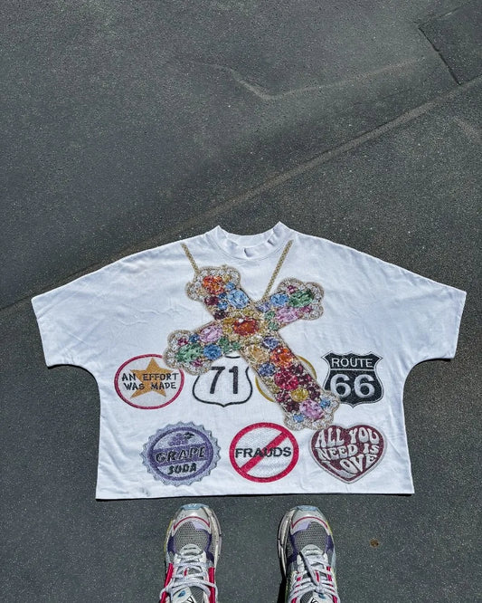 Sadcore Vintage t-shirt – Y2K Top American Vintage Cross Print Short Sleeve T Shirt Me