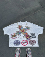 Sadcore Vintage t-shirt – Y2K Top American Vintage Cross Print Short Sleeve T Shirt Me