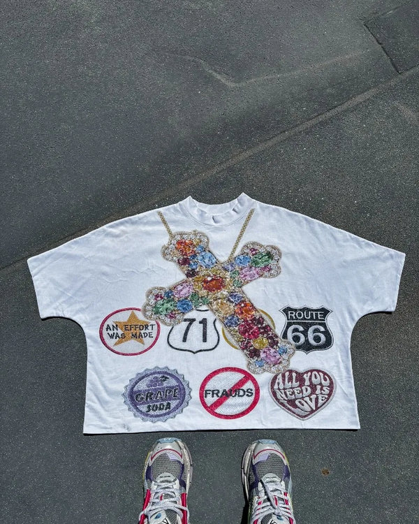 Sadcore Vintage t-shirt – Y2K Top American Vintage Cross Print Short Sleeve T Shirt Me