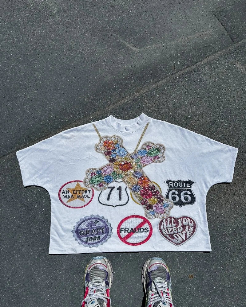Sadcore Vintage t-shirt – Y2K Top American Vintage Cross Print Short Sleeve T Shirt Me