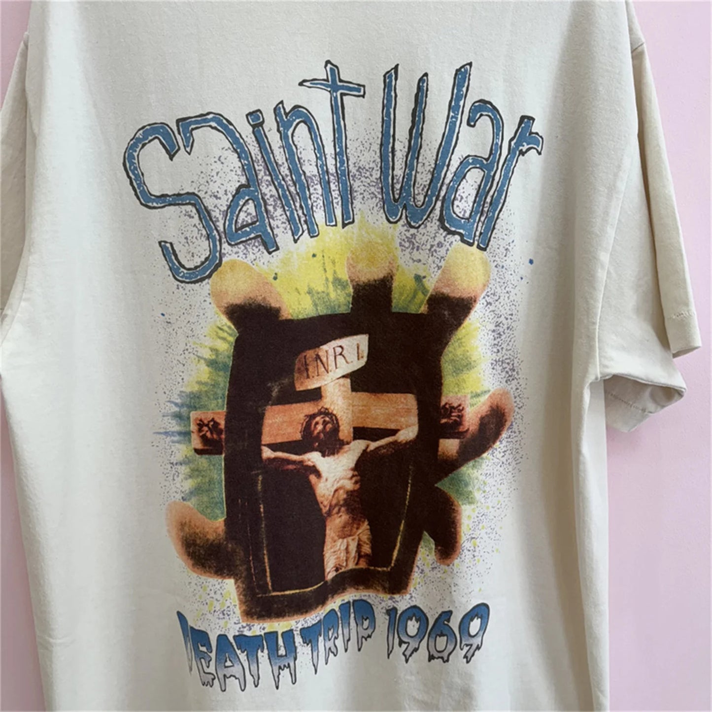 24SS New Vintage Retro Cross Printing Washed Distressed Short Sleeves T-Shirt Tops