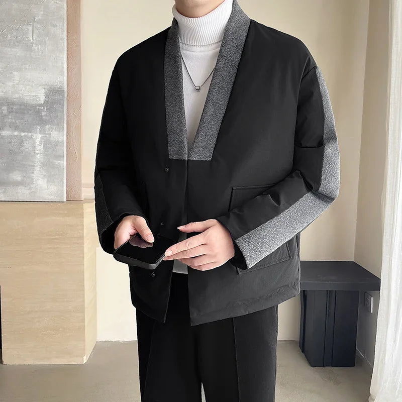 2024 Winter Collarless Cotton-padded Jacket Men Japanese Korean Fashion Loose Casual Thicken Warm Parkas Jacket Cityboy Coat