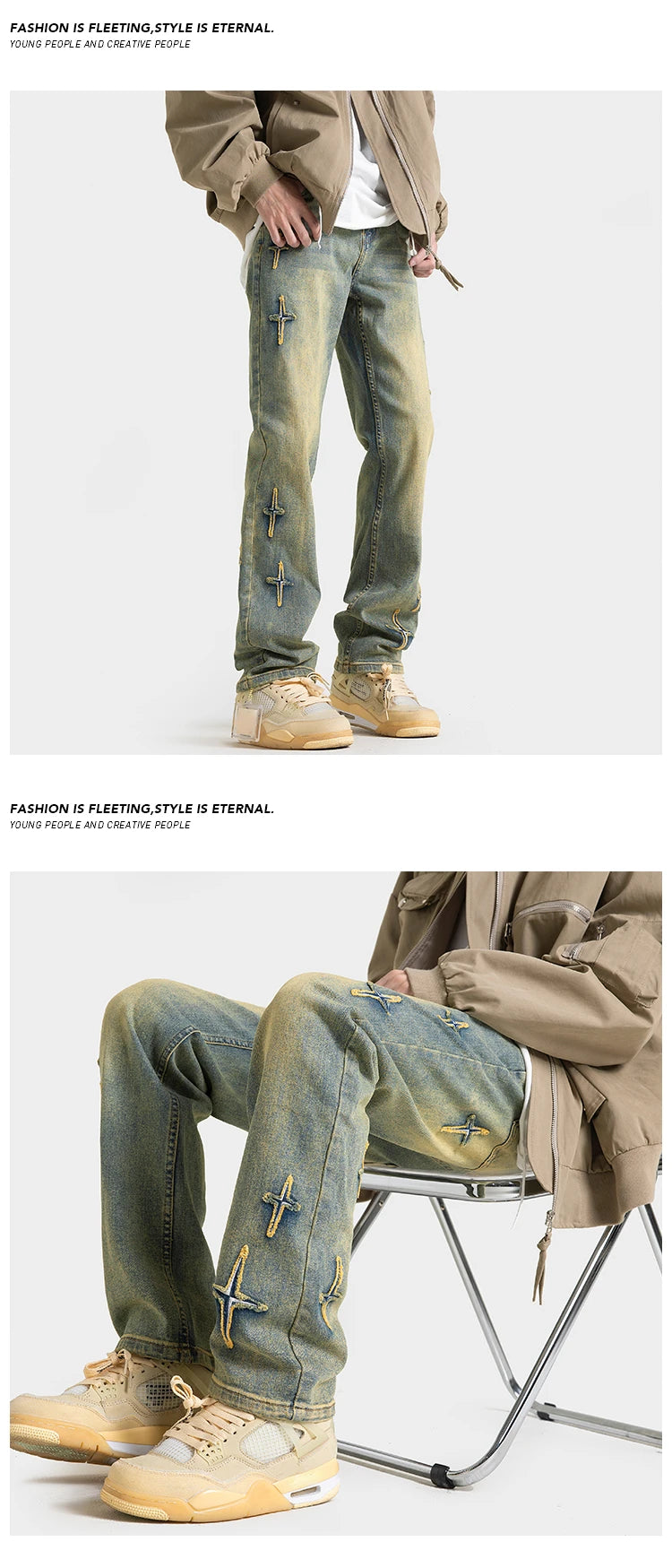 high street slim straight trousers tide vintage washed old colour stars jeans street mens denim trousers 2024 male pants unique jeans style 3328