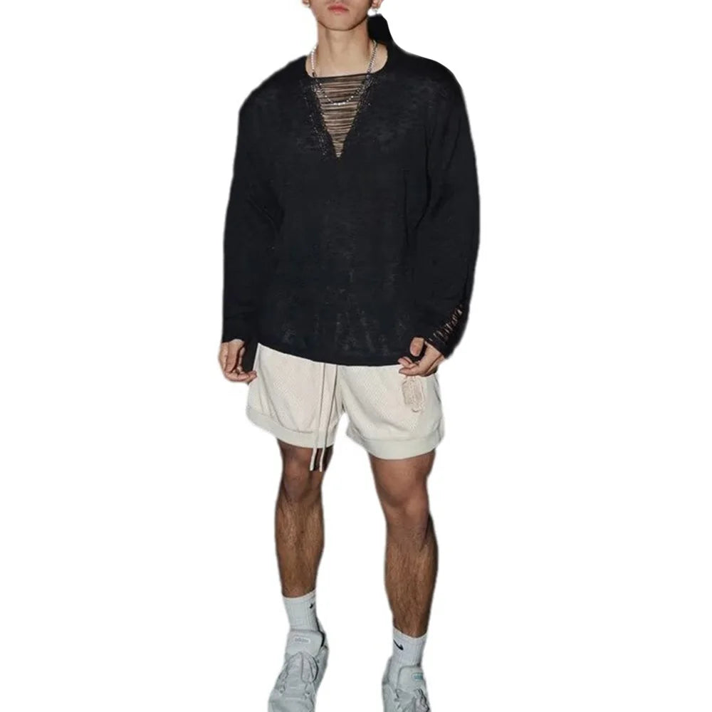 minimalist knit jumper, daily wear essential, trendy urban fashion top for men, layered streetwear look