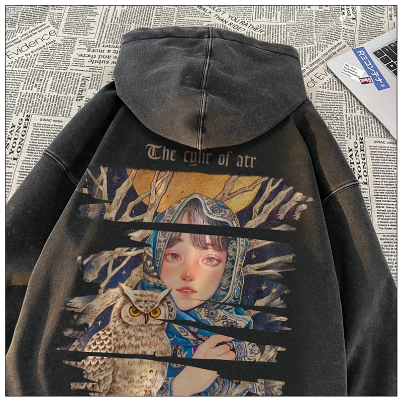 New Art Owl Girl Graphic Print Hoody Sweatshirts For Men Washed Distre