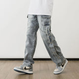 men fashion denim jeans casual bottom button open straight jeans with pockets hip hop streetwear zipper cargo joggers jean pants sporty tapered joggers