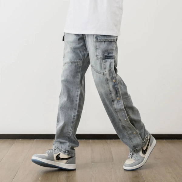 men fashion denim jeans casual bottom button open straight jeans with pockets hip hop streetwear zipper cargo joggers jean pants sporty tapered joggers