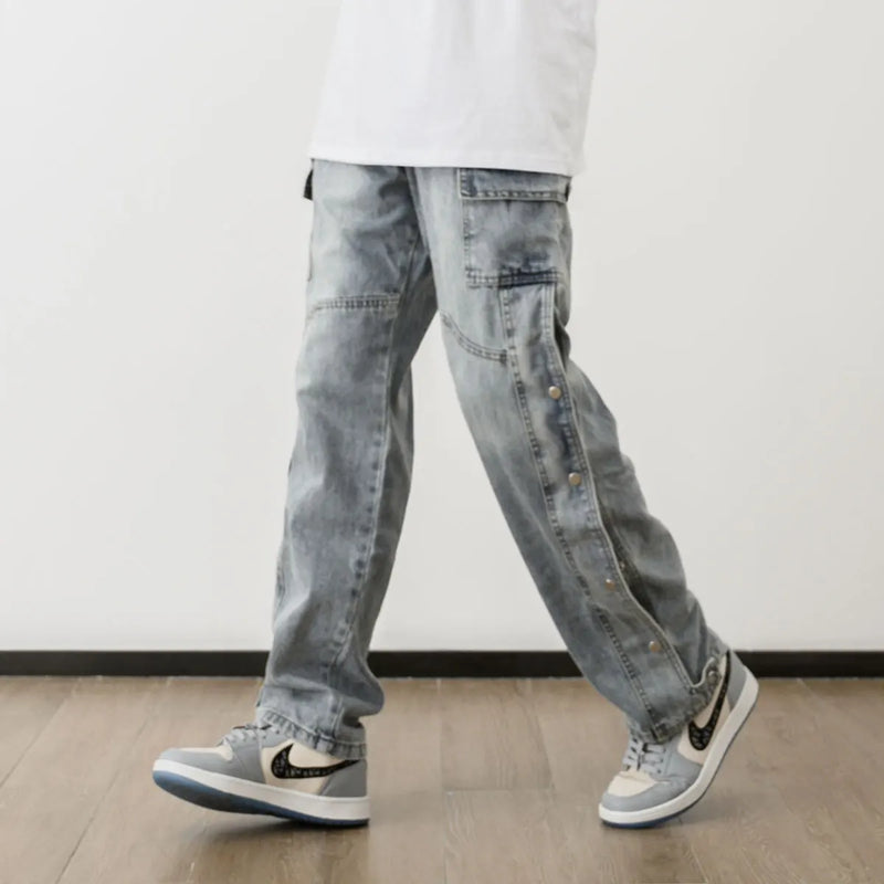 men fashion denim jeans casual bottom button open straight jeans with pockets hip hop streetwear zipper cargo joggers jean pants sporty tapered joggers