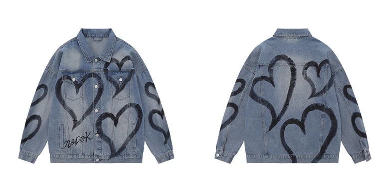 y2k heart graffiti printed denim jackets mens fashion unisex long sleeve coats outerwear hip hop casual streetwear jeans blue - variant style 465aef for streetwear fashion