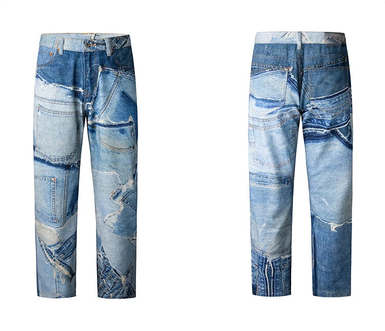fashion fake patchwork printed denim jeans mens new casual zipper straight loose jeans streetwear hip hop baggy pants joggers unique joggers style 2416