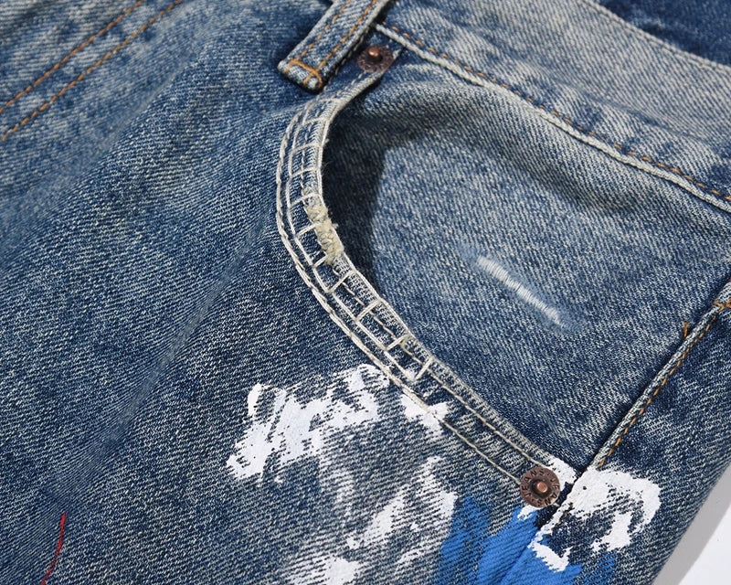 blue speckle ink washed destroyed flared jean pants hip hop graffiti ripped denim jeans for men streetwear vintage wide jeans unique jeans style 4462