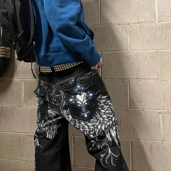 hip hop fashion y2k street high waist gothic skull geometry men jeans american retro couples straight loose pants urban skinny jeans