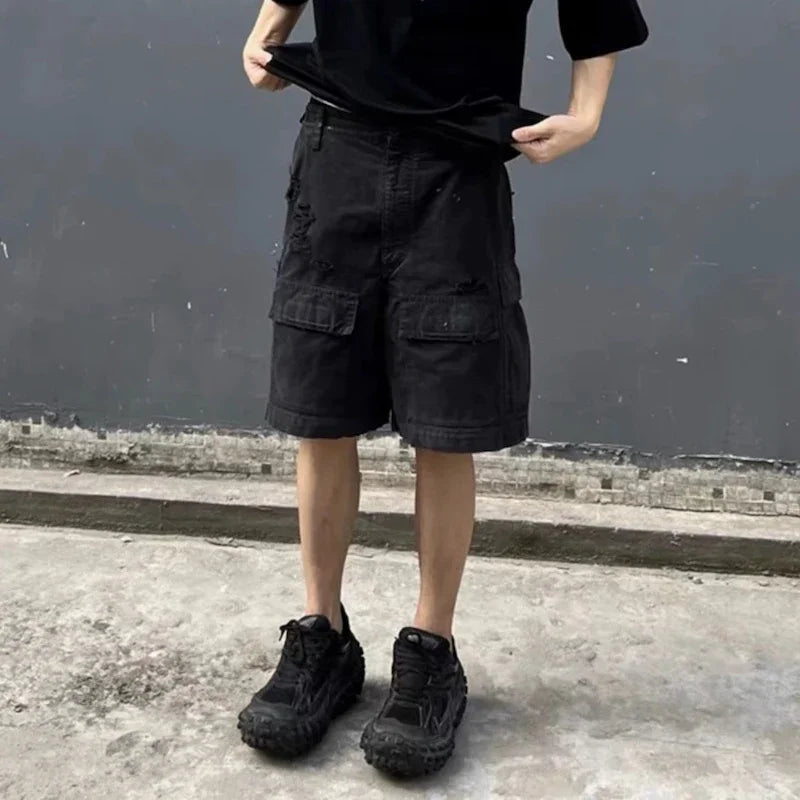 vintage ripped damaged black cargo shorts for men high street wide leg baggy overalls distressed summer knee length pants military streetwear pants
