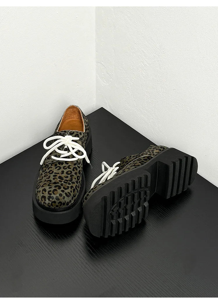 Men Leopard Genuine Leather Streetwear Fashion Casual Retro Derby Shoes Cityboy Cow Leather Height Increasing Shoes Loafers Man