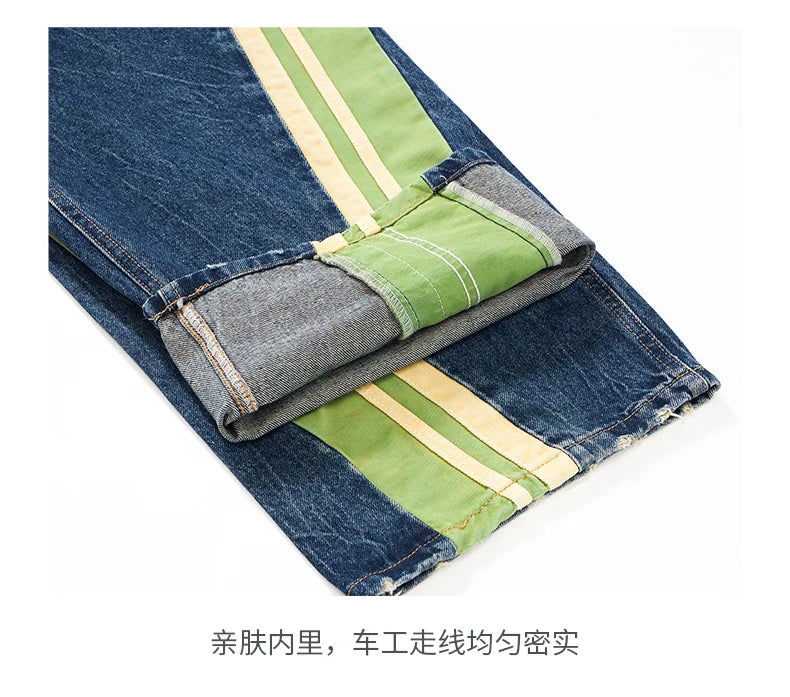 men streetwear fashion side splice hip hop loose casual wide leg straight baggy jeans pant cityboy jeans pants trousers unique jeans style 2598