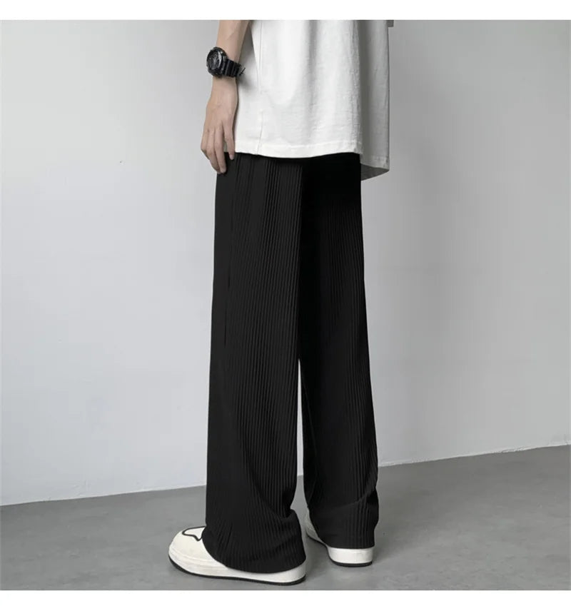 summer texture straight pants for men korean fashion baggy wide leg trousers casual drape pleated striped y2k pantalones hombre unique default style 505