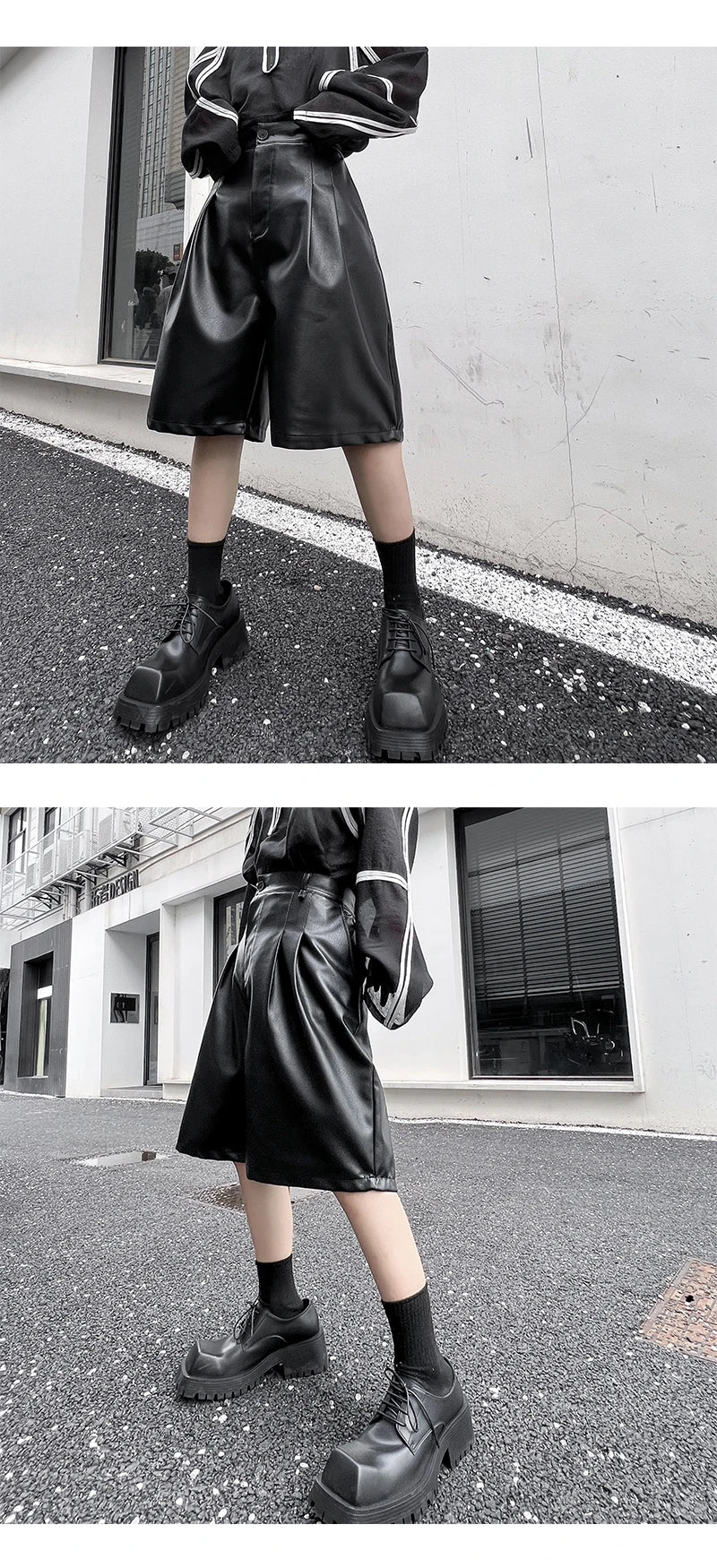 men japanses korean streetwear fashion hip hop loose casual dark black wide leg leather shorts male short pant unique shorts style 925