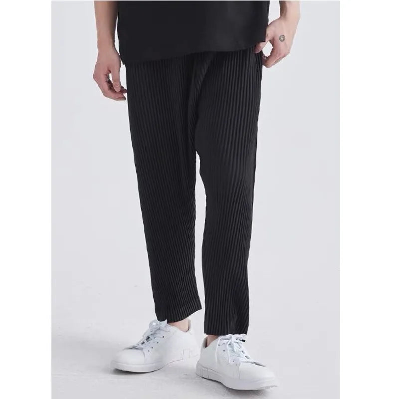 summer pleated pants men fashion gray black casual pants men japanese streetwear loose straight pants mens ice silk trousers unique default style 3700