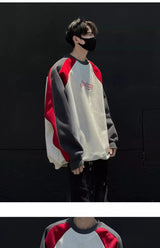 Trendy Personality Korean Motorcycle Style Round Neck Sweatshirt Men 2024 Spring Autumn Niche Contrasting Color Pullover Hot Top