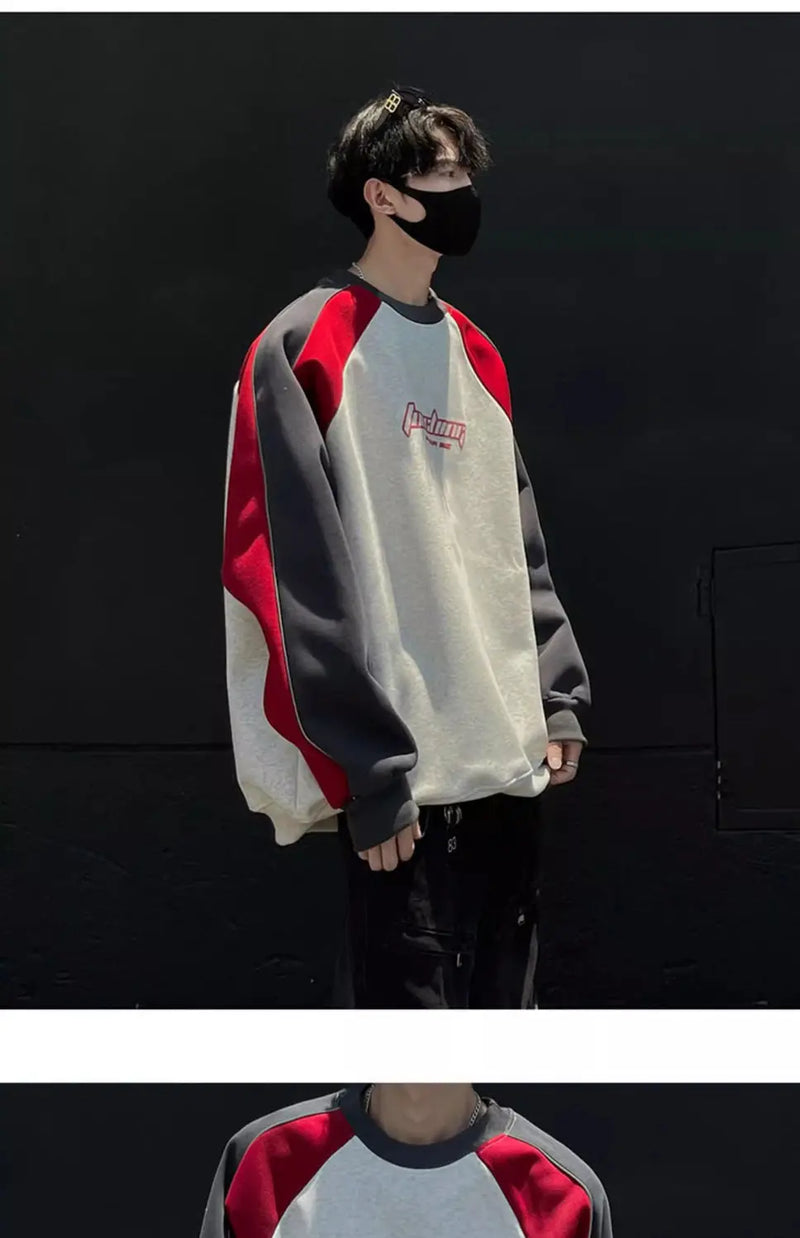 Trendy Personality Korean Motorcycle Style Round Neck Sweatshirt Men 2024 Spring Autumn Niche Contrasting Color Pullover Hot Top
