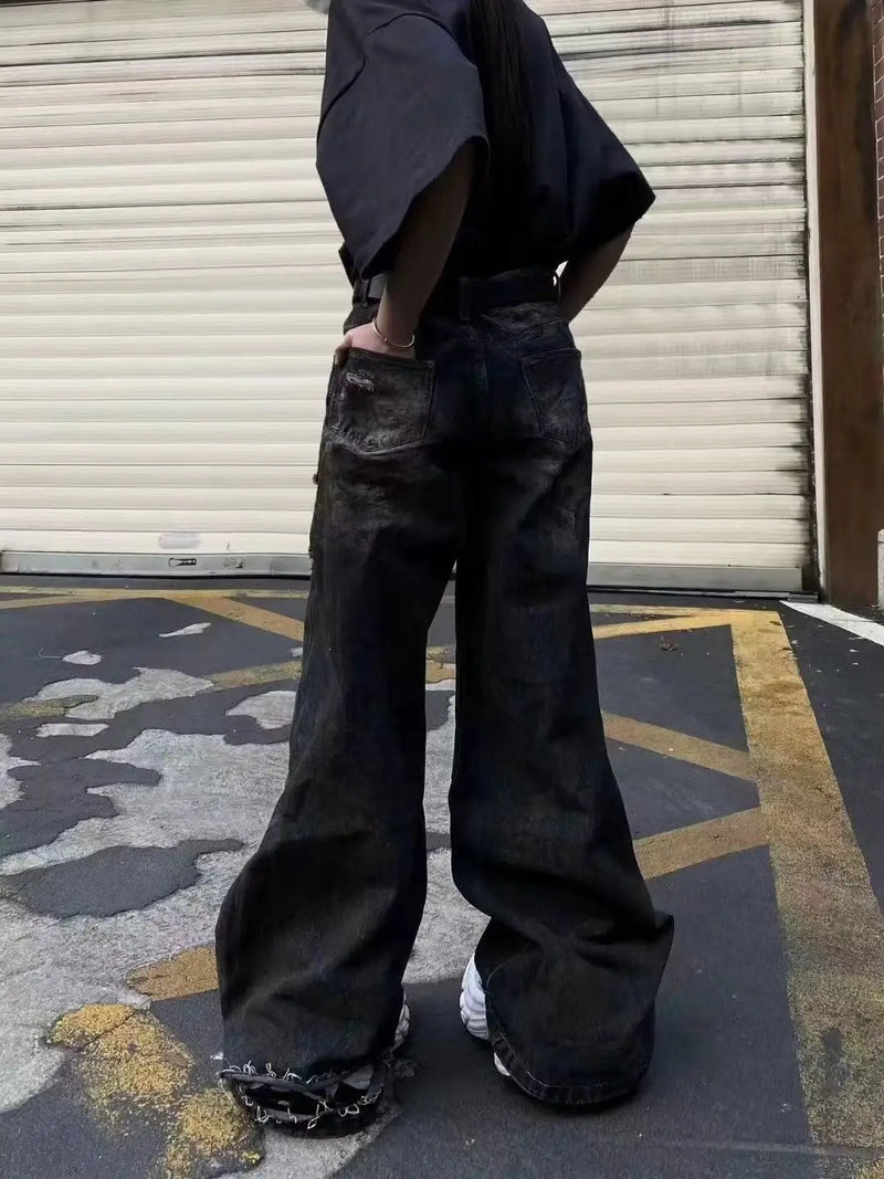 american high street trendy men and women retro personality straight washed jeans for couples loose harajuku casual pants y2k unique jeans style 784