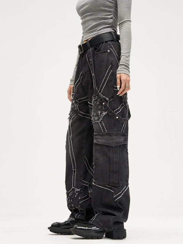 punk belt denim jeans pants women harajuku streetwear side pocket cotton men unisex casual baggy joggers straight pants trousers urban active pants