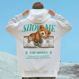 Money Bear Print Fleece Hoodies For Men Autumn Hip Hop Hooded Sweatshirt