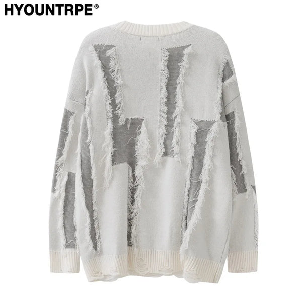 hip hop knitted oversized sweater mens ripped tassel holes pullover streetwear unisex new casual loose sweaters jumpers knitwear - urban fashion pullover, graphic printed hoodie for men and women, vintage look oversized hoodie