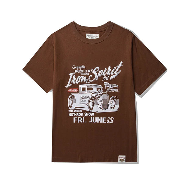 Anime Oversized shirt – Amekaji Vintage Classic Car Printed T Shirt Men 2023 Spring