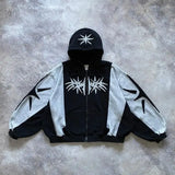 Vaporwave Drop – Y2K Patch Design Loose Zip Hoodies For Men Geometric Pattern – Streetwear Fashion for Men & Women