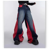 y2k retro washed splicing jeans for men new hip hop punk pu leather baggy jeans straight casual black denim trousers streetwear stacked flare jeans