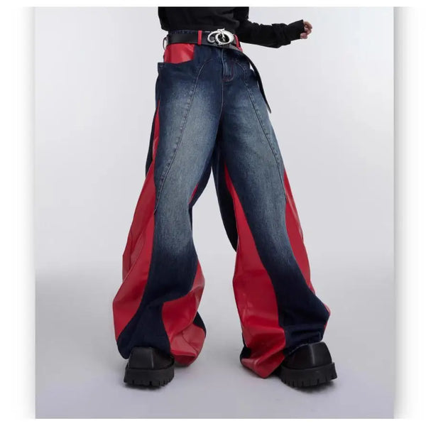 y2k retro washed splicing jeans for men new hip hop punk pu leather baggy jeans straight casual black denim trousers streetwear stacked flare jeans
