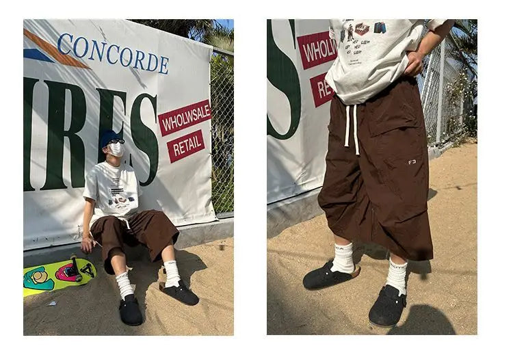 summer japanese outdoor functional style wide leg cropped pants for men and women loose workwear design quick drying shorts y2k unique shorts style 2084