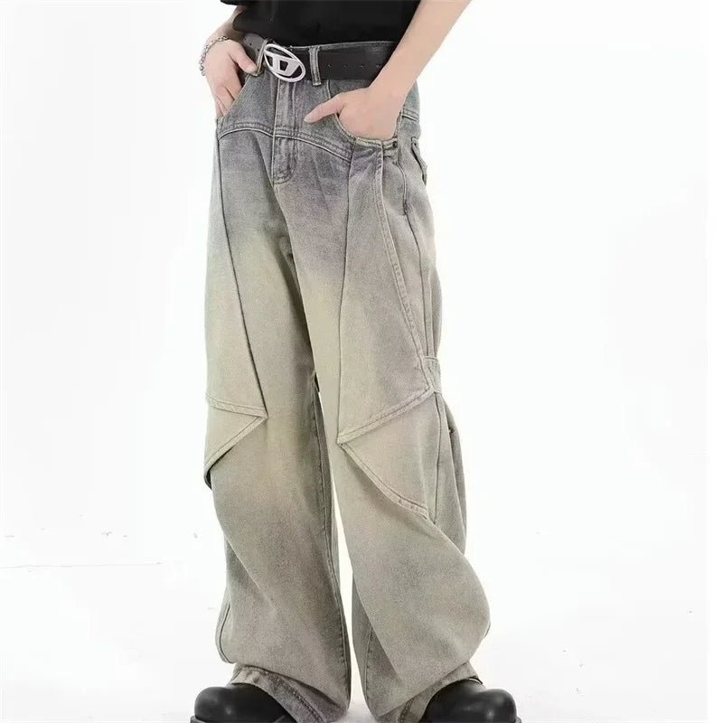2024 new hip hop wide leg jeans for men washed distressed baggy denim trousers high street deconstruction cargo jean y2k pants combat utility trousers