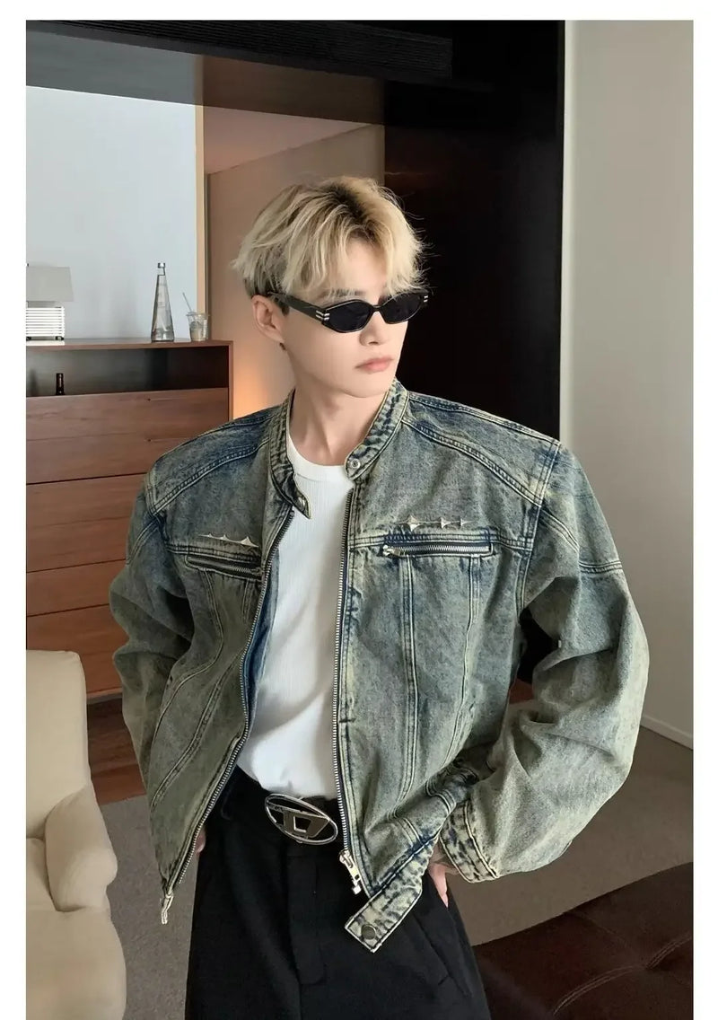 Mens Denim Jackets American Style High Street Zippers Coat Vintage Was